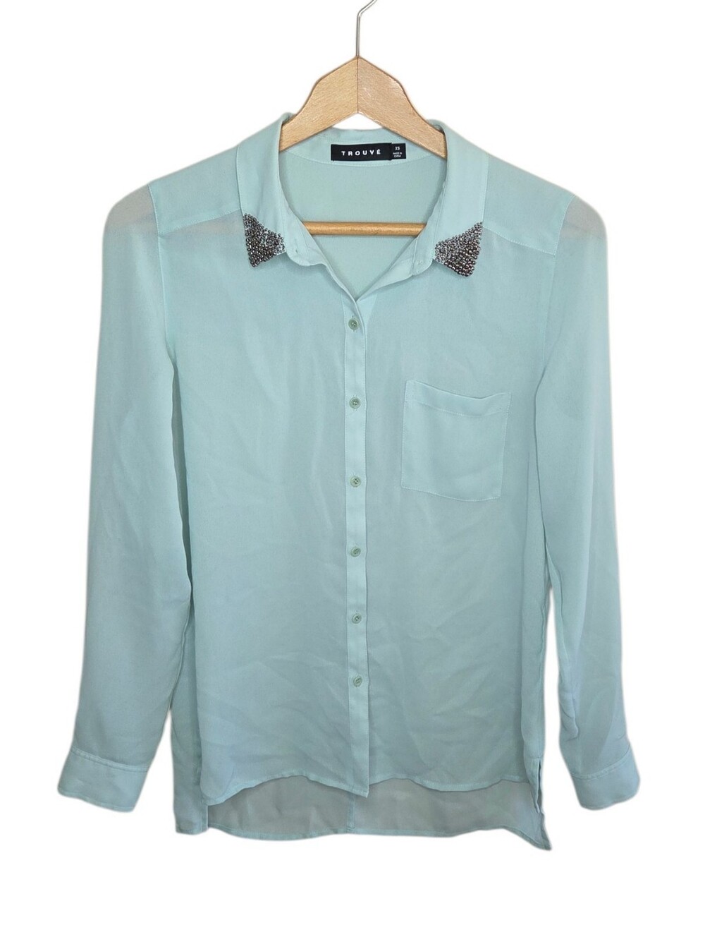 Trouve Mint Green Sheer Button Front Long Sleeve Blouse Beaded Collar Size XS